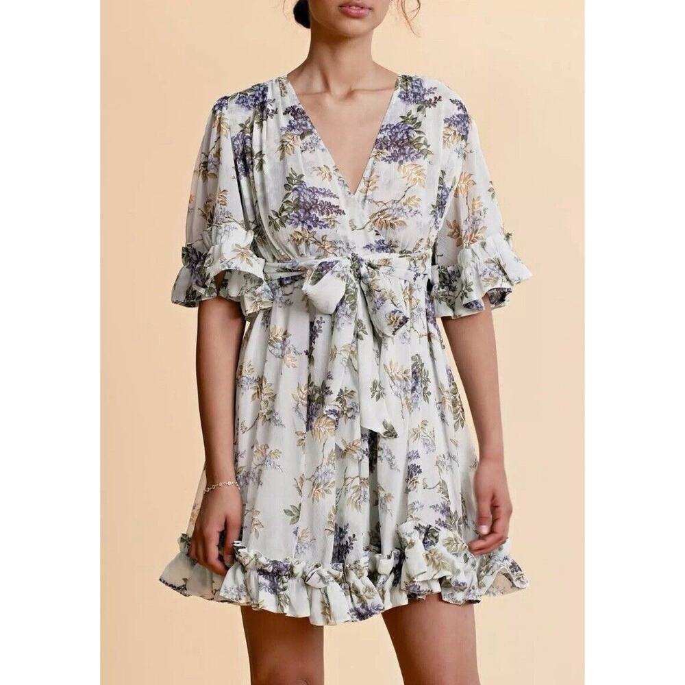byTiMo Dress Women's Large Mini Bohemian Floral Ruffle Trim Belt Wrap NEW